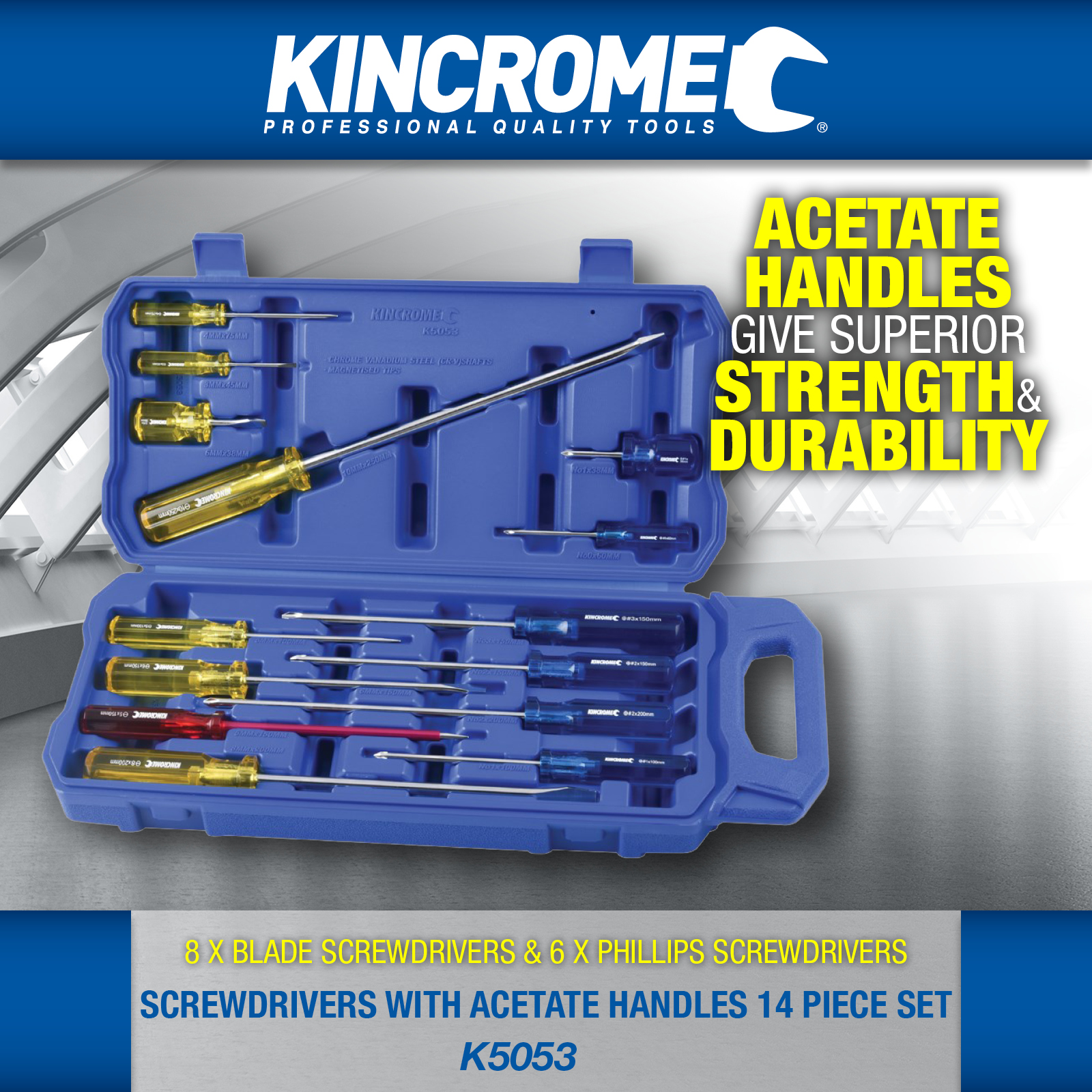 KINCROME 14 PIECE SCREWDRIVER SET ACETATE HANDLES K5053 9312753933575